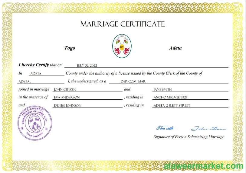 Togo marriage certificate Word and PDF template